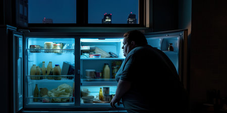 Eats overnight. A man standing in front of an open refrigerator. AI generative imageの素材