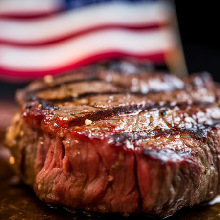 A piece of steak sitting on top of a wooden cutting board. AI generative imageの素材