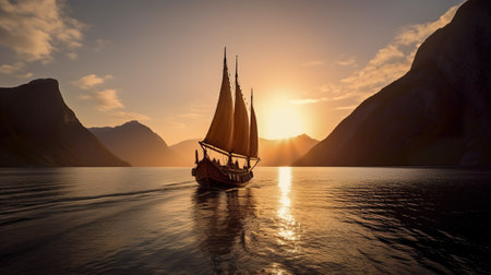 A sailboat sailing in the ocean at sunset. AI generative imageの素材