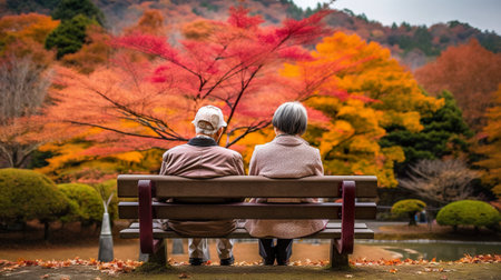 An older couple sitting on a bench in a park. AI generative imageの素材