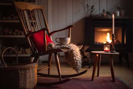 A rocking chair next to a table with a cup on it. AI generative image . Swedish interior.の素材