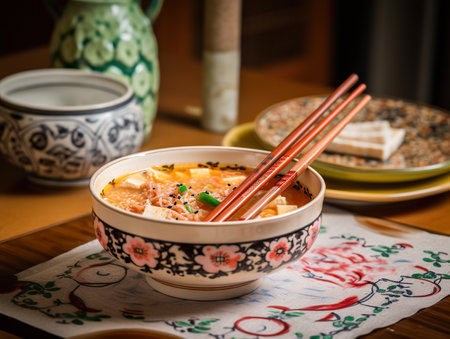 A bowl of soup with chopsticks in it. AI generative image . Korean still life.の素材