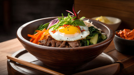 A wooden bowl filled with meat and vegetables. AI generative image . Korean still life.の素材
