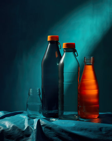 Three bottles of water are sitting on a table. AI generative imageの素材