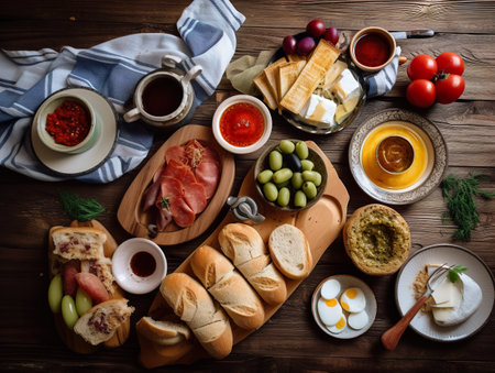 A wooden table topped with plates of food. AI generative imageの素材