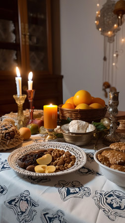 A table topped with plates of food and candles. AI generative imageの素材