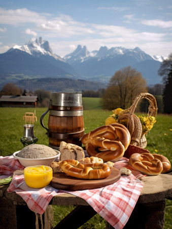 A wooden table topped with a plate of food. AI generative imageの素材