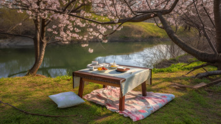 A picnic table set up on the grass near a river. AI generative imageの素材