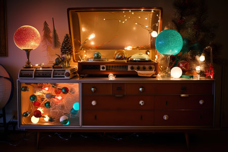 A chest of drawers with lights and ornaments on top of it. AI generative imageの素材