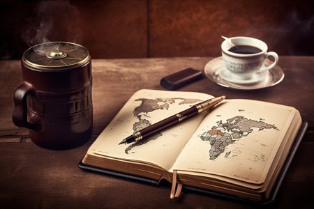 An open book with a pen and a cup of coffee. AI generative imageの素材