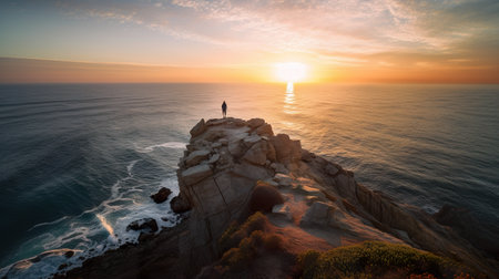 A person standing on top of a cliff near the ocean. AI generative imageの素材