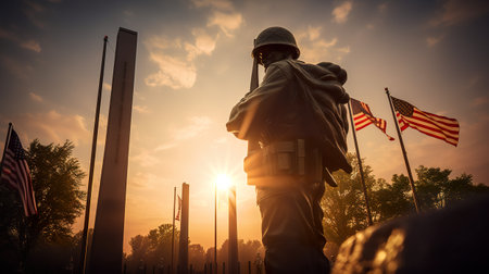 A statue of a soldier standing in front of american flags. AI generative imageの素材