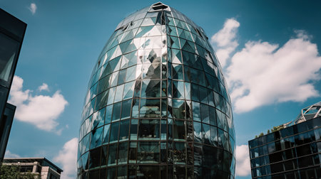 A very tall glass building with a clock on its side. AI generative imageの素材