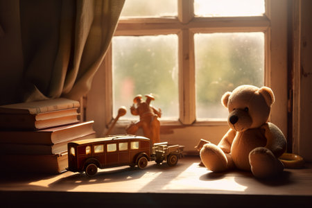 A teddy bear sitting on a window sill next to a stack of books. AI generative imageの素材
