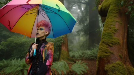 A woman with pink hair holding an umbrella. AI generative image.の素材