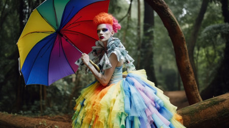 A woman in a colorful dress holding an umbrella. AI generative image.の素材