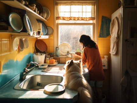 A woman standing in a kitchen next to a dog. AI generative image.の素材