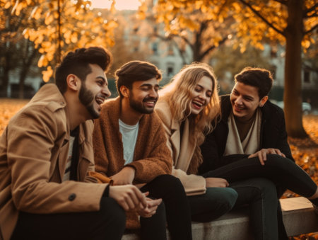 A group of friends sitting on a bench laughing. AI generative image.の素材
