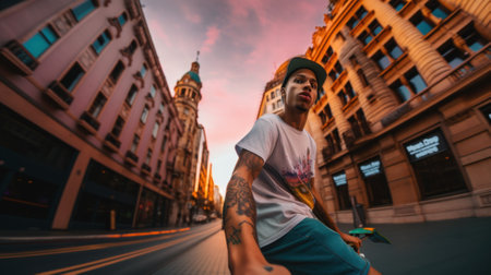 A man riding a skateboard down a city street. AI generative image.の素材