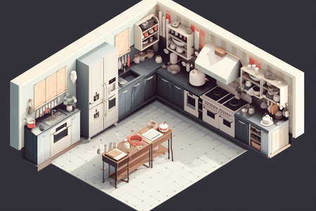 A kitchen with a table and a stove. AI generative image.の素材