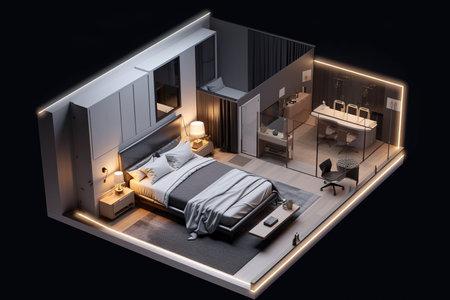 A bedroom with a bed and a desk in it. AI generative image.の素材