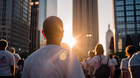 A group of people walking in a city at sunset. AI generative imageの素材