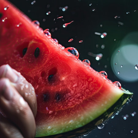 A person holding a slice of watermelon in the air. AI generative image.の素材