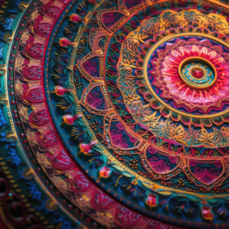A close up of a colorful plate on a table. AI generative image.の素材