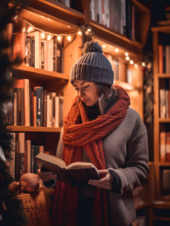 A woman reading a book in a library. AI generative image.の素材