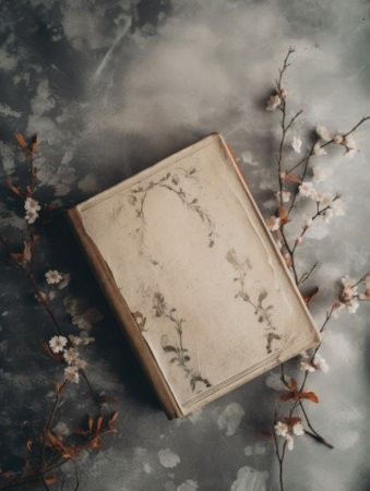 An old book sitting on top of a table. AI generative image.の素材