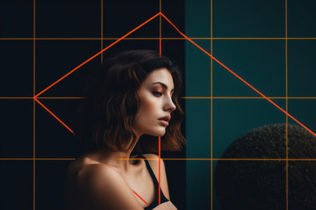 A woman in a bra top looking at a computer screen. AI generative image.の素材