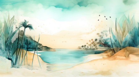 A watercolor painting of a beach with palm trees. AI generative image.の素材