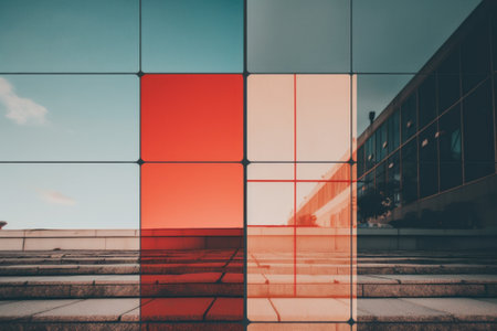 A reflection of a building on a glass wall. AI generative image.の素材