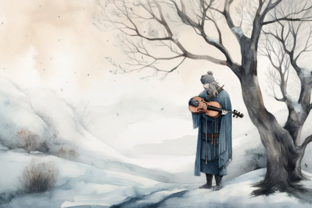 A painting of a man playing a guitar in the snow. AI generative image.の素材