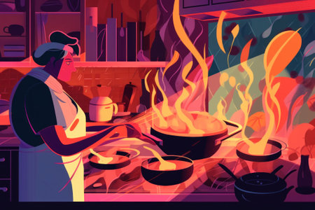 A woman cooking in a kitchen with flames. AI generative image.の素材