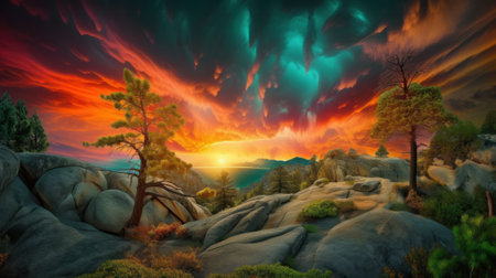 A painting of a sunset over a rocky landscape. AI generative image.の素材