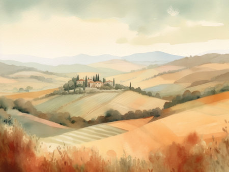 A painting of a landscape with hills and trees. AI generative image.の素材