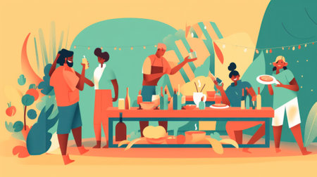 A group of people standing around a table. AI generative image.の素材