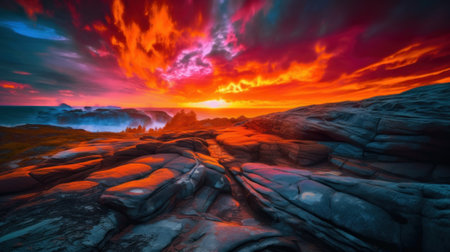 The sun is setting over a rocky beach. AI generative image.の素材