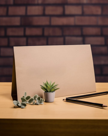 A desk with a notepad, pencils and a plant. AI generative image. Mockup.の素材