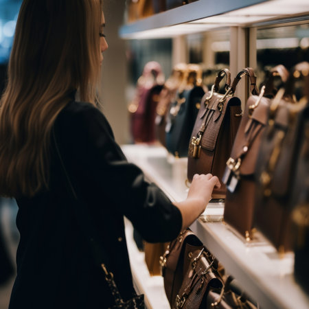A woman looking at purses on display in a store. AI generative image.の素材