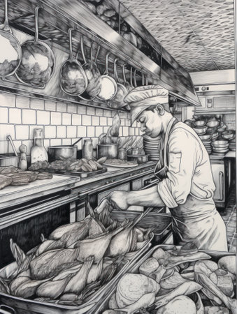 A drawing of a man preparing food in a kitchen. AI generative image.の素材