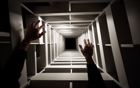 Surreal picture, a person reaching up into a dark room. AI generative image.の素材