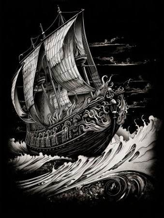 A black and white drawing of a ship in the ocean. AI generative image.の素材