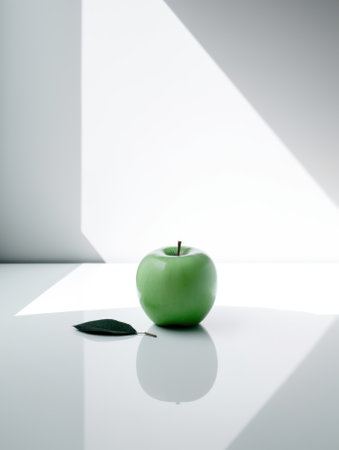 A green apple sitting on top of a white table. AI generative image.の素材