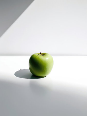 A green apple sitting on top of a white table. AI generative image.の素材