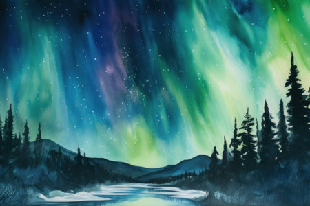 A painting of an aurora bore over a lake. AI generative image.の素材