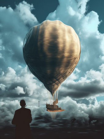 A man standing in front of a hot air balloon. AI generative image.の素材