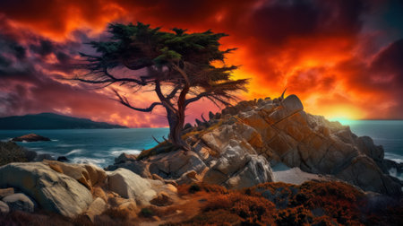 A lone tree sitting on top of a rocky cliff. AI generative image.の素材