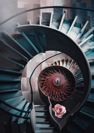 A spiral staircase with a rose in the center. AI generative image.の素材
